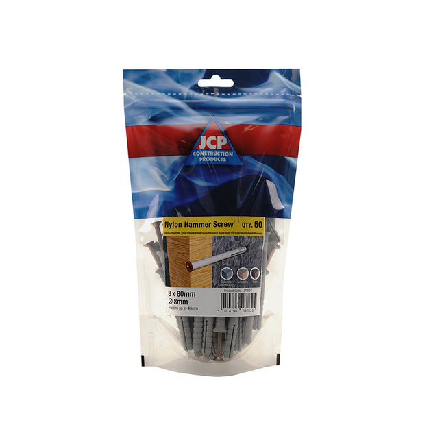 JCP Fixings Nylon Hammer Screws ZYP - 8 x 80mm (Box of 250)