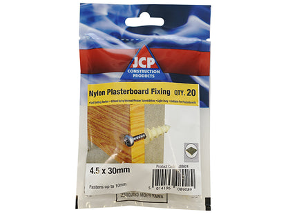 JCP Fixings J-Plug Self-Drill Plasterboard Fixing Nylon - 4.5 x 30mm Screw (Box of 30)