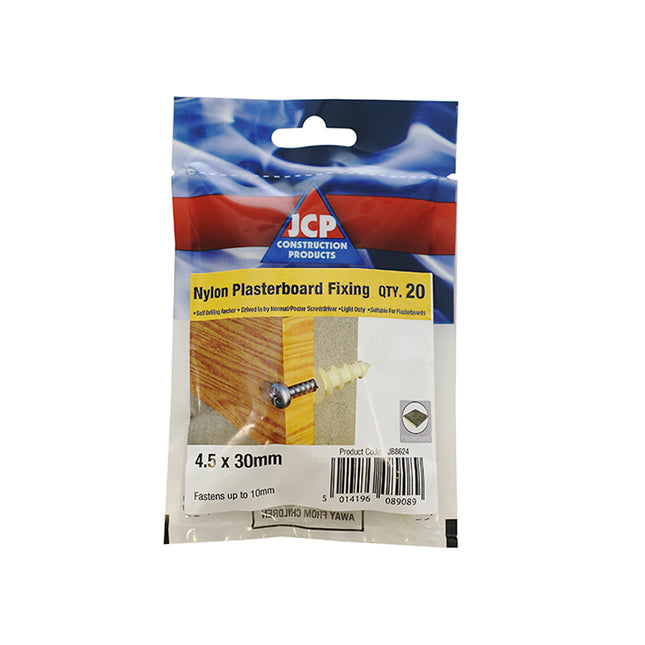 JCP Fixings J-Plug Self-Drill Plasterboard Fixing Nylon - 4.5 x 30mm Screw (Box of 30)