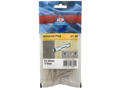 JCP Fixings Universal Plugs Suitable For Hollow Or Solid Base - 6 x 40mm (Box of 200)