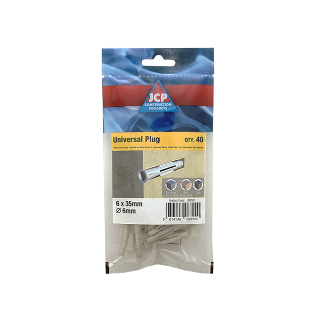JCP Fixings Universal Plugs Suitable For Hollow Or Solid Base - 6 x 40mm (Box of 200)