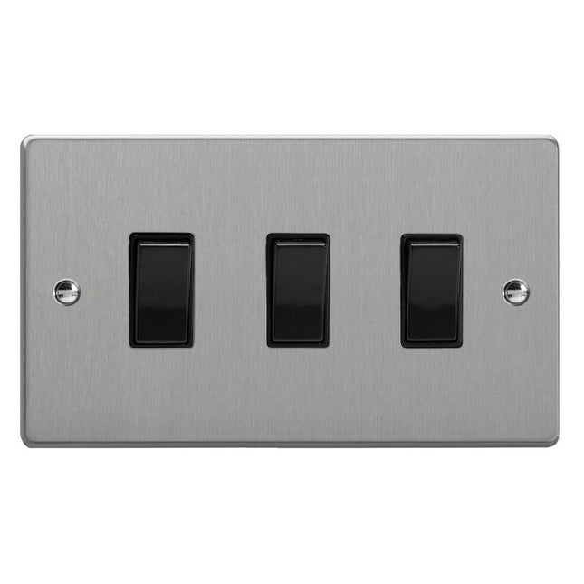 Varilight 3-Gang 10A 1- Or 2-Way Rocker Switch (Twin Plate) Brushed Silver