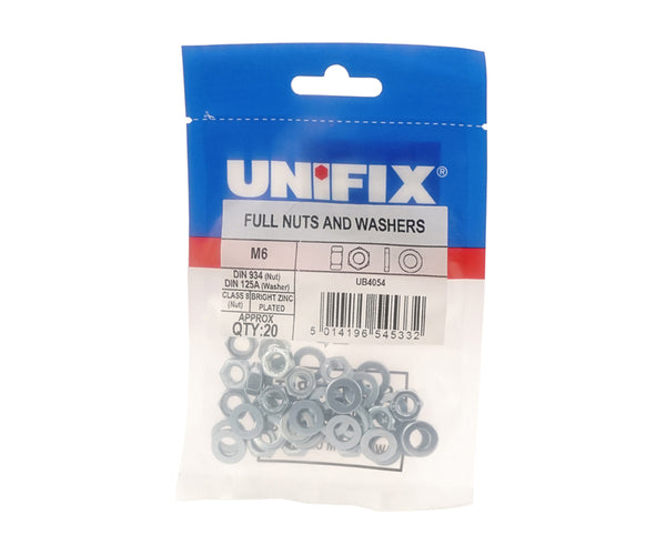 Unifix Class 8 Full Nuts DIN 934 & Form A Washers DIN 125A Bright Zinc Plated - M8 (Box of 100)