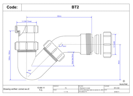 McAlpine BT2 19mm Water Seal Adjustable Inlet Tubular Swivel 'P' Trap with Multifit Outlet