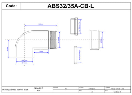 McAlpine Chrome Plated Elongated Brass to ABS 90 Degree Conversion Elbow 32mm   ABS32/35A-CB -L