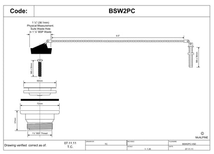 McAlpine BSW2PC 60mm Stainless Steel Flange Centre Pin Basin Waste with Black PVC Plug