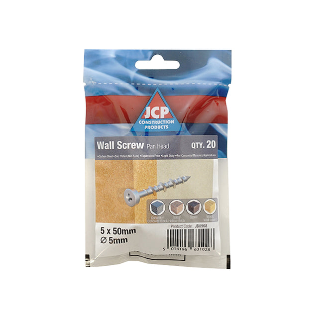 JCP Fixings Wall Screws Pan Head Bright Zinc Plated - 5.0 x 38mm (Box of 100)