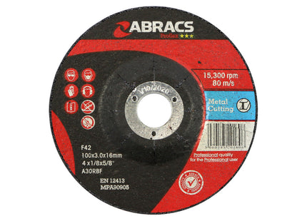 Abracs Proflex Depressed Centre Metal Cutting Disc - 100 x 3 x 16mm (Box of 25)