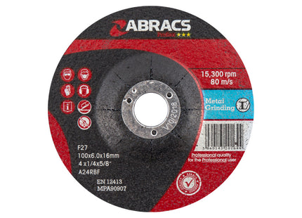 Abracs Proflex Depressed Centre Metal Grinding Disc - 100 x 6 x 16mm (Box of 25)