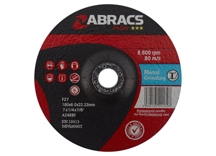 Abracs Proflex Depressed Centre Metal Grinding Disc - 180 x 6 x 22mm (Box of 10)