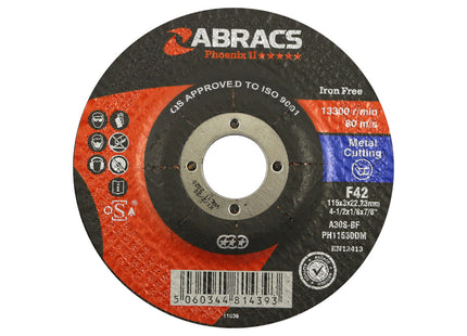 Abracs Phoenix Ii Depressed Centre Metal Cutting Disc - 115 x 3 x 22mm (Box of 25)