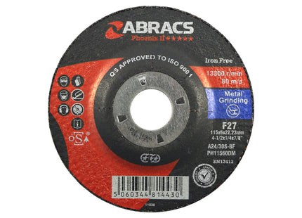 Abracs Phoenix Ii Depressed Centre Metal Grinding Disc - 115 x 6.5 x 22mm (Box of 25)
