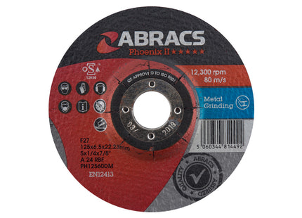 Abracs Phoenix Ii Depressed Centre Metal Grinding Disc - 125 x 6.5 x 22mm (Box of 25)