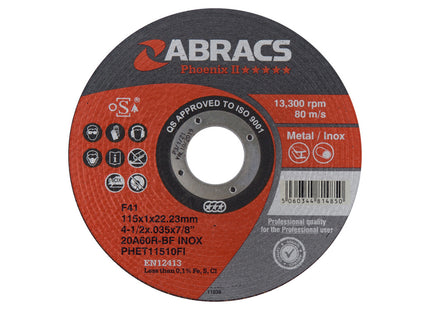 Abracs Phoenix Long Life Extra Thin Cutting Disc Inox - 115 x 1.0 x 22mm (Box of 50)
