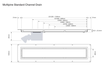McAlpine 600mm Shower Channel Drain - Square Grid Pattern