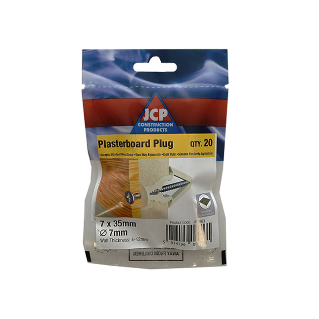 JCP Fixings Plasterboard Plugs - 7mm (Box of 100)