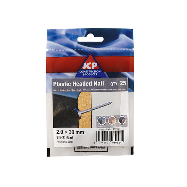 JCP Fixings A4-316 Stainless Steel Plastic Headed Nails Black Top - 30 x 2.00mm (Box of 125)