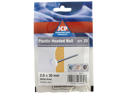 JCP Fixings A4-316 Stainless Steel Plastic Headed Nails White Top - 30 x 2.00mm (Box of 125)