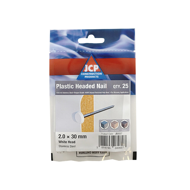JCP Fixings A4-316 Stainless Steel Plastic Headed Nails White Top - 40 x 2.00mm (Box of 125)
