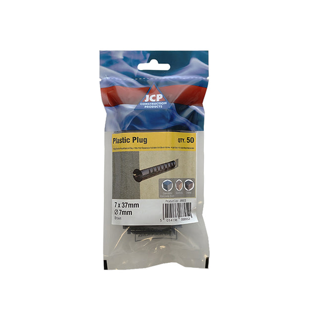 JCP Fixings Premium Plastic Wall Plugs Brown - 7.0 x 37mm (Box of 250)