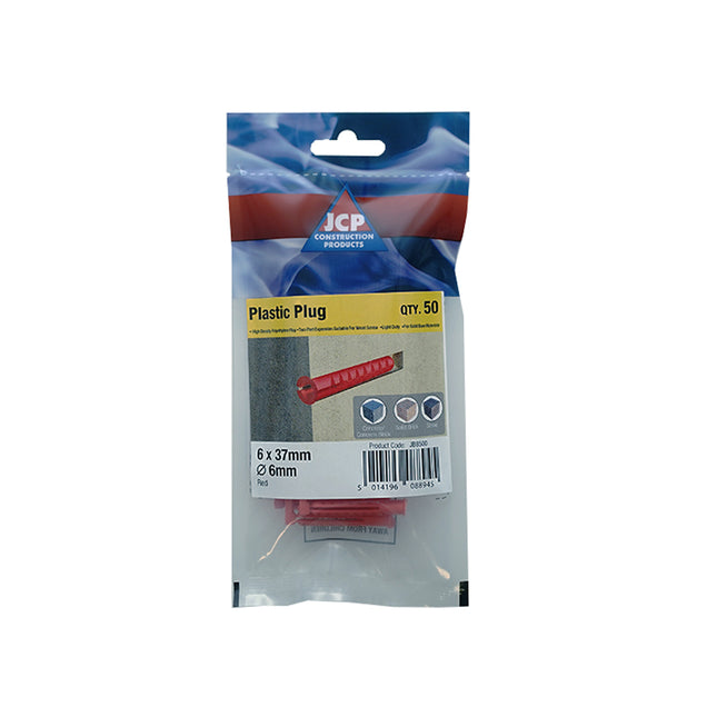 JCP Fixings Premium Plastic Wall Plugs Red - 6.0 x 37mm (Box of 250)