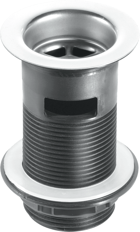 McAlpine BSW12C 1¼" Black Plastic Slotted Basin Waste - Backnut Model: 60mm Stainless Steel Flange x 3½" Tail with Black PVC Plug