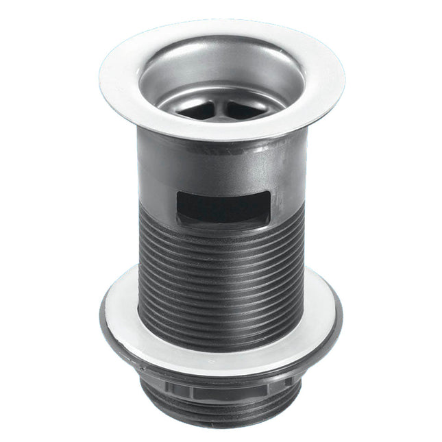 McAlpine BSW12 1¼" Black Plastic Slotted Basin Waste - Backnut Model: 60mm Stainless Steel Flange x 3½" Tail with Black PVC Plug