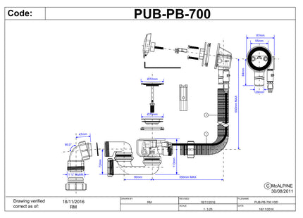 McAlpine PUB-PB-700 1½" x 70mm Polished Stainless Steel Flange Chrome Plated Brass Push Button Action Pop-Up Bath Waste and Overflow 700mm