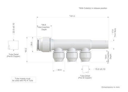 John Guest Speedfit 22mm x 15mm 3 Port Manifold With Stem PEM582215BW