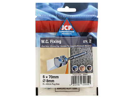 JCP Fixings Sanitary W.C Fixing Set Chrome - 6 x 70mm Screw - 8 x 40mm Plug (Box of 10)