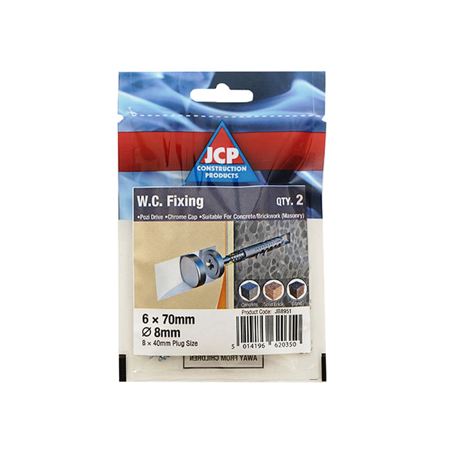 JCP Fixings Sanitary W.C Fixing Set Chrome - 6 x 70mm Screw - 8 x 40mm Plug (Box of 10)