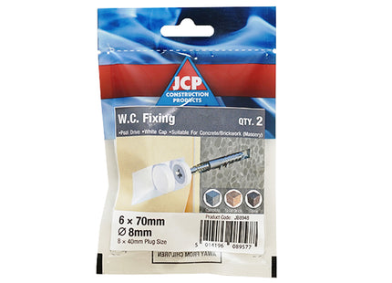 JCP Fixings Sanitary W.C Fixing Set White - 6 x 70mm Screw - 8 x 40mm Plug (Box of 10)