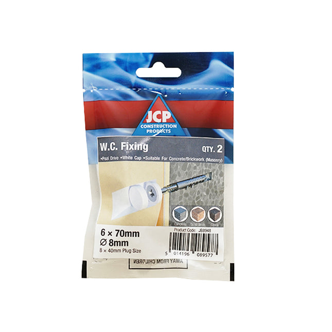 JCP Fixings Sanitary W.C Fixing Set White - 6 x 70mm Screw - 8 x 40mm Plug (Box of 10)