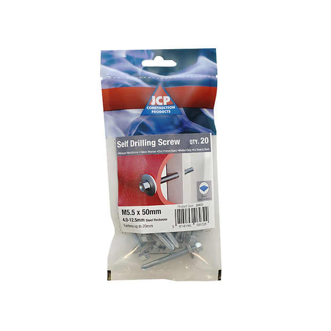 JCP Fixings Metalfix Self-Drilling Screws Heavy Section DIN 7504K 16mm Washer Bright Zinc Plated - 5.5 x 32mm (Box of 100)