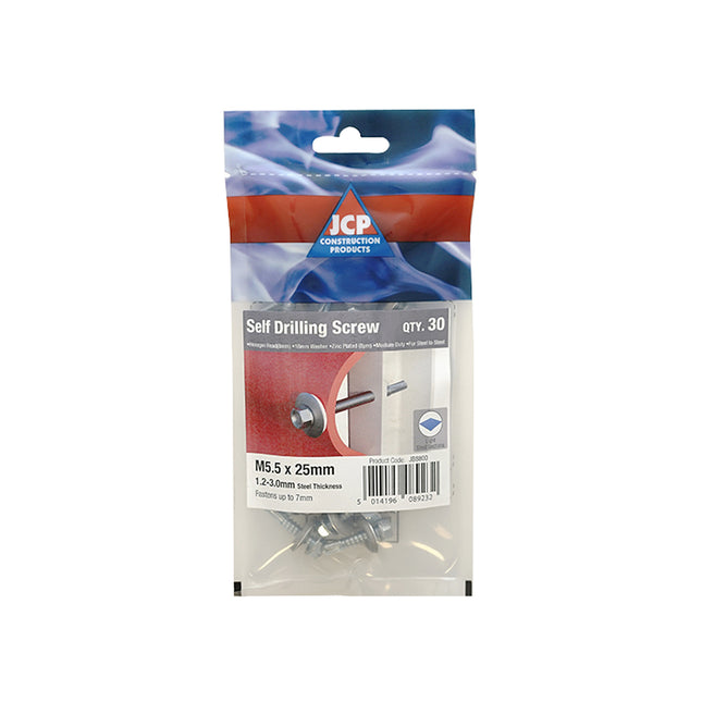 JCP Fixings Metalfix Self-Drilling Screws Light Section DIN 7504K 16mm Washer Bright Zinc Plated - 5.5 x 32mm (Box of 150)