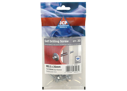 JCP Fixings Metalfix Self-Drilling Screws Light Section DIN 7504K 16mm Washer Bright Zinc Plated - 5.5 x 25mm (Box of 150)