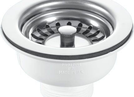 McAlpine BSWCLS 1½" Basket Strainer Waste: 113mm Stainless Steel Flange: Spring-Loaded Plug: Centre Pin Model
