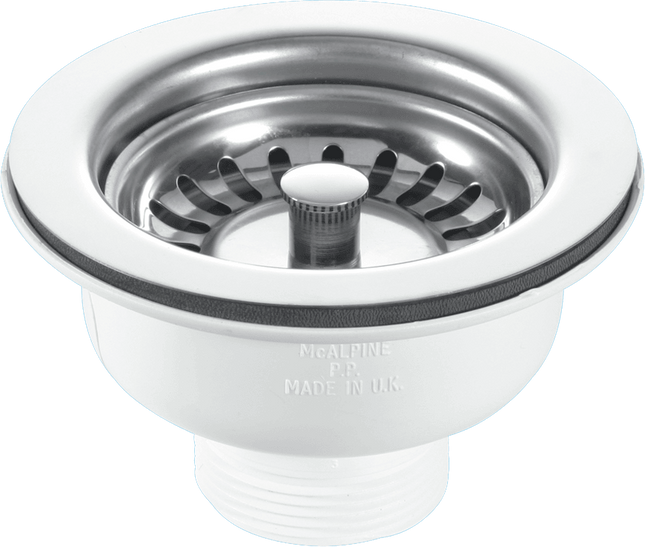 McAlpine BSWCLS 1½" Basket Strainer Waste: 113mm Stainless Steel Flange: Spring-Loaded Plug: Centre Pin Model