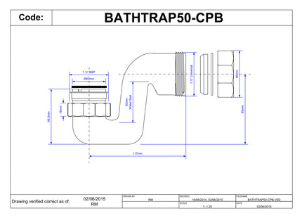 McAlpine BATHTRAP50-CPB 50mm Water Seal Chrome Plated Brass Bath Trap with 1½" Universal Outlet