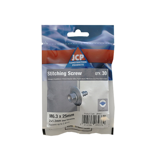 JCP Fixings Metalfix Stitching Screws 16mm Washer DIN 7504K Bright Zinc Plated - 6.3 x 25mm (Box of 150)