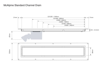 McAlpine 1000mm Channel Drain - Polished Cover Plate CD1000-P