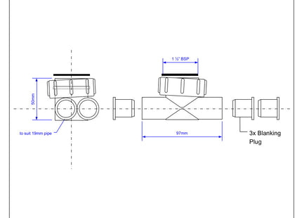 McAlpine R12 Four Way Connector 1½" loose nut x four connections for 19mm pipe, supplied with 3 Plugs