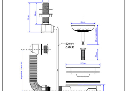 McAlpine PUFS113-CP 1½" Pop-Up Basket Strainer Waste: 113mm Stainless Steel Flange: Chrome Plated Plastic Command Knob: Centre Pin Model