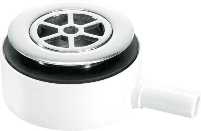 McAlpine UPSW-2 Pumped Shower Waste Outlet: 70mm Chrome Plated Brass Flange with Top Access x 15mm Plain Tail Outlet