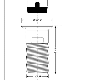 McAlpine BSW12 1¼" Black Plastic Slotted Basin Waste - Backnut Model: 60mm Stainless Steel Flange x 3½" Tail with Black PVC Plug