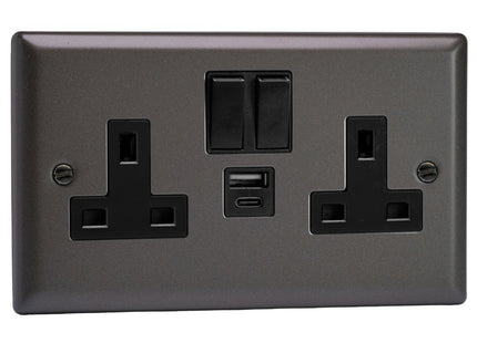 Varilight Double Socket With 20W Shared Usb A & C Charging Ports Black