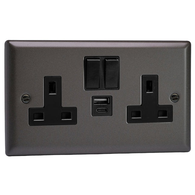 Varilight Double Socket With 20W Shared Usb A & C Charging Ports Black