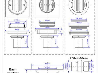 McAlpine Shower Gully Two Piece 50mm Seal 2'' > 1.5'' Outlet and 150mm Stainless Steel Tile      TSG52T6SS