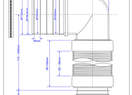 McAlpine WC-CON8F18-S-BTW 97-107mm Inlet 90° Flexible WC Connector for Back to Wall WC Pan for Installation in Vertical Position