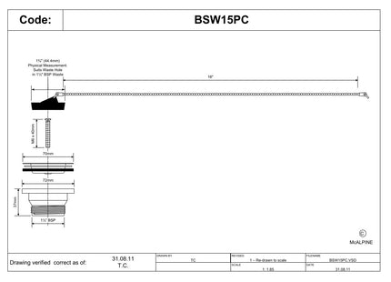 McAlpine BSW15PC 1½" Centre Pin Bath Waste: 70mm Stainless Steel Flange: Black PVC Plug